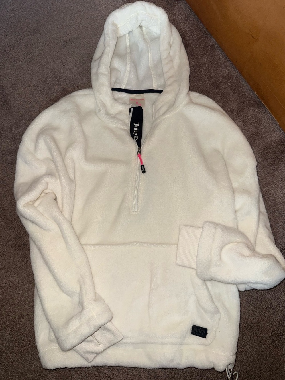 Cozy Cream/White Juicy Couture Fleece Half-Zip Hoodie.
